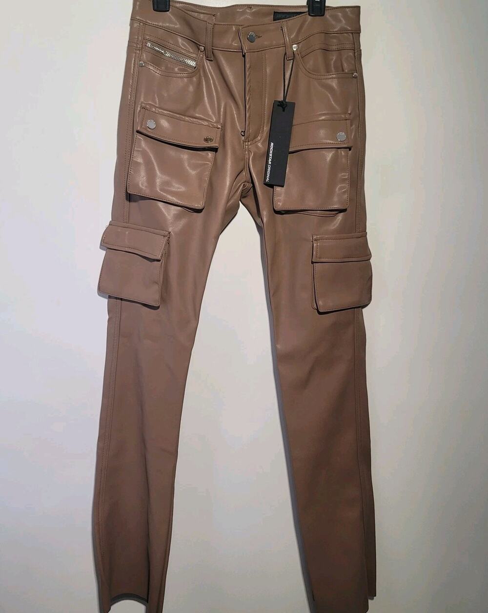 Rockstar Original Khaza Tan Faux Leather Stacked Flare Cargo Jeans Men's 34 NWT